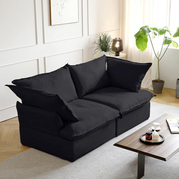 Magic Home 83 in. Flared Arm 2-Piece Overstuffed Linen Flannel Modular Deep Seat Sectional Sofa Cloud Couch in Black