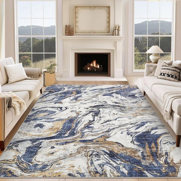 Blue 10 ft. x 13 ft. Modern Abstract Foldable Machine Washable Polyester Area Rug