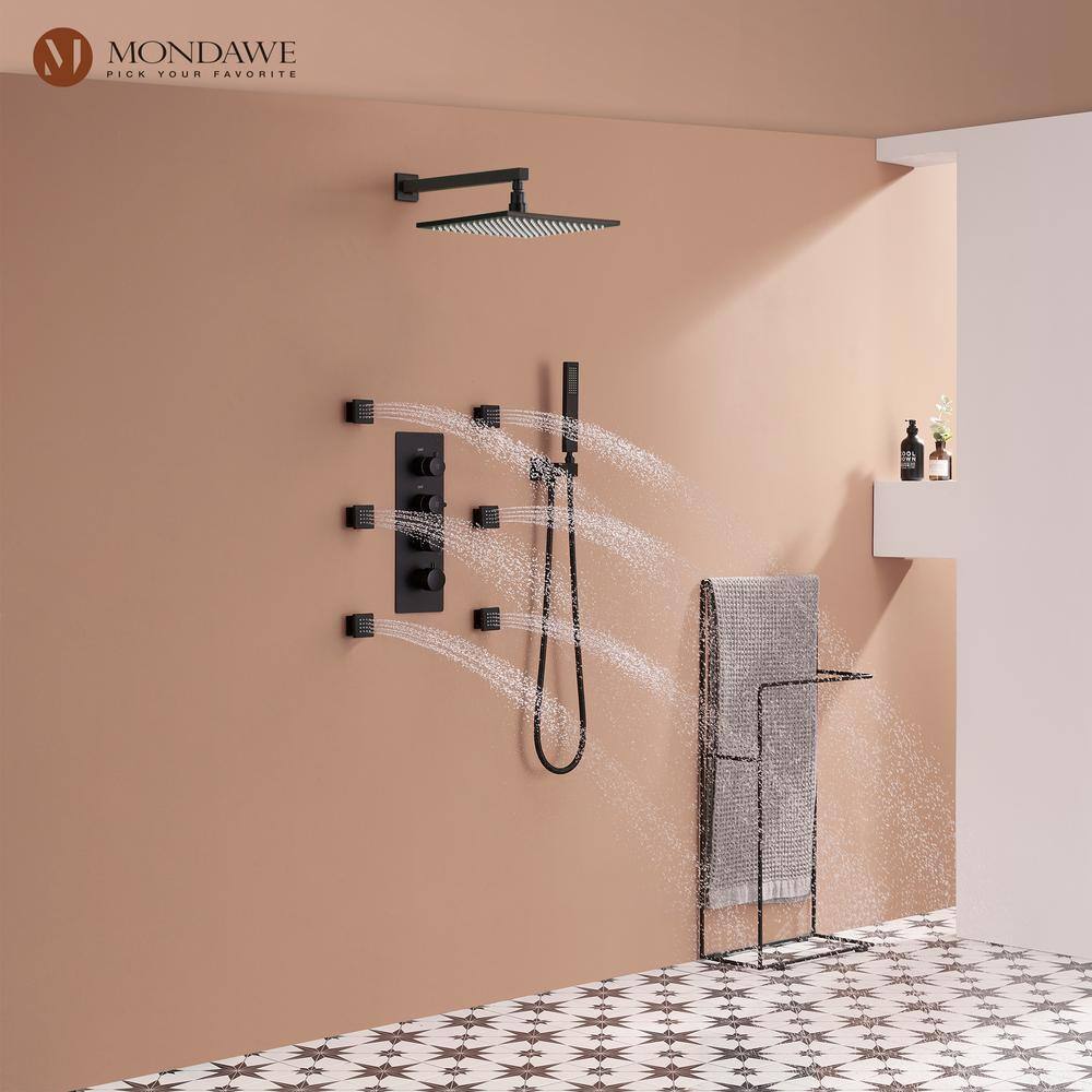 Matte Black 12-Inch Stainless Steel Multi-Head Wall Mounted Shower System