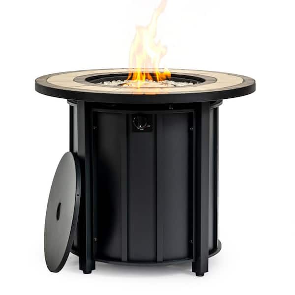 Black Round Steel Outdoor Fire Pit Table with Mosaic Ceramic Tabletop and Glass Beads