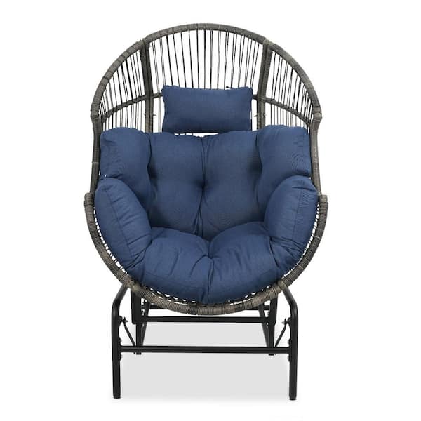 Gymojoy Corina Gray Wicker Outdoor Large Glider Egg Chair with Blue Cushions