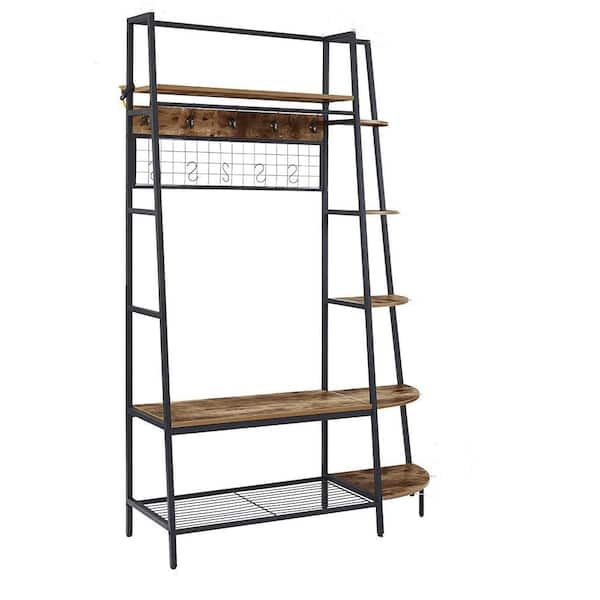 URTR Brown Coat Rack with Metal Frame and Hooks, Bedroom Hallway Clothes and Shoes Rack, Hall Tree with Storage Shelves