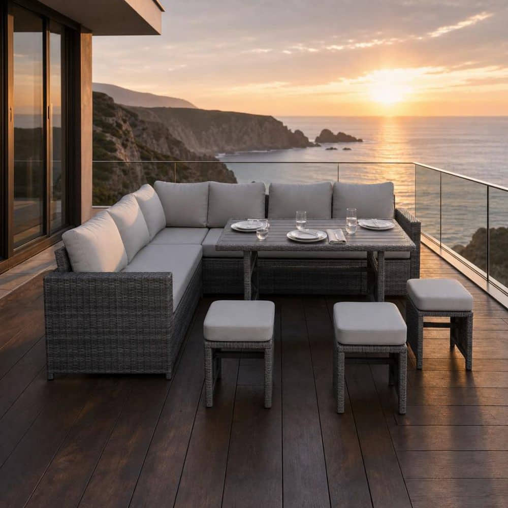 7-Piece Outdoor Patio Rattan Furniture Set Grey Cushions, Grey Wicker, Sectional Dining Table and Chairs