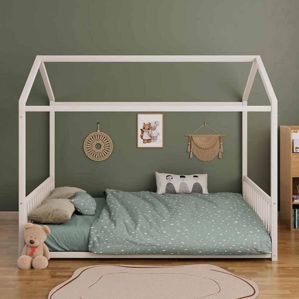 White Metal Frame Full Platform Bed with Vertical Safety Guardrails for Kids and Toddlers