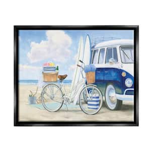 Bike and Van Beach Nautical Blue White Painting by James Wiens Floater Frame Travel Wall Art Print 25 in. x 31 in. .