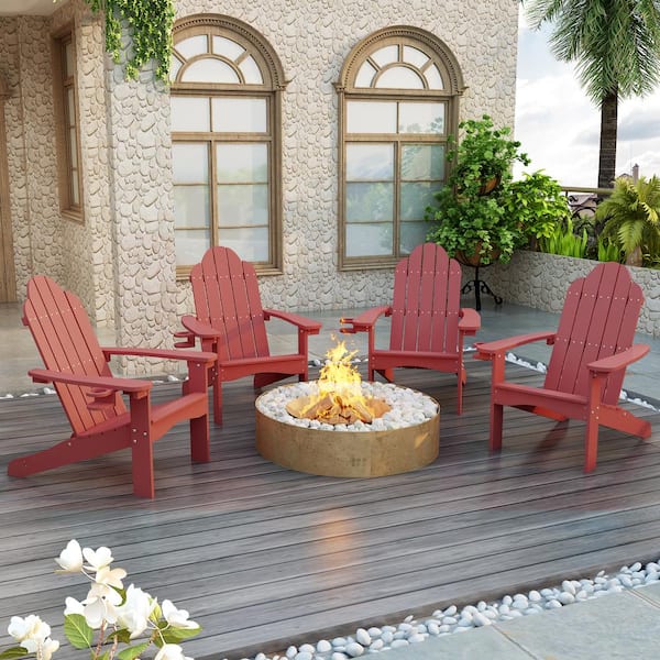 LUE BONA Recycled HIPS Plastic Red Weather Resistant With Cup Holder Outdoor Adirondack Chairs For Patio and Pool(set of 4)