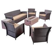 St. Lucia Brown 7-Piece Faux Rattan Patio Fire Pit Conversation Set with Tan Cushions