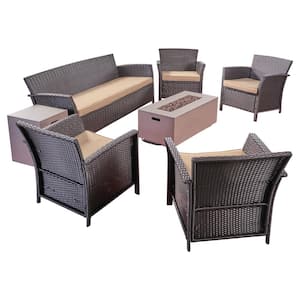 St. Lucia Brown 7-Piece Faux Rattan Patio Fire Pit Conversation Set with Tan Cushions