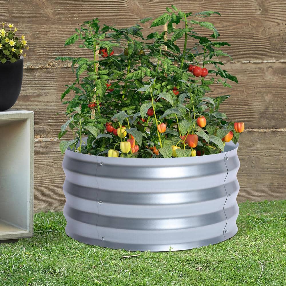 24.25" Silver Galvanized Metal Round Raised Garden Bed Planter