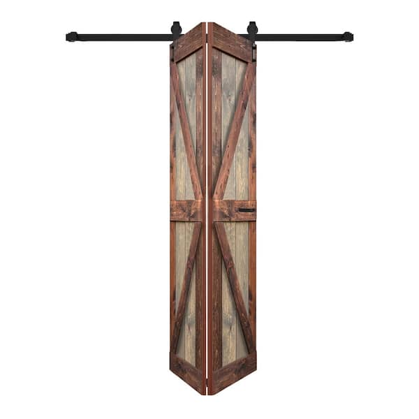 ISLIFE K Style 48 in. x 84 in. Brown/Walnut Finished Solid Wood Bi-Fold Barn Door with Hardware Kit -Assembly Needed