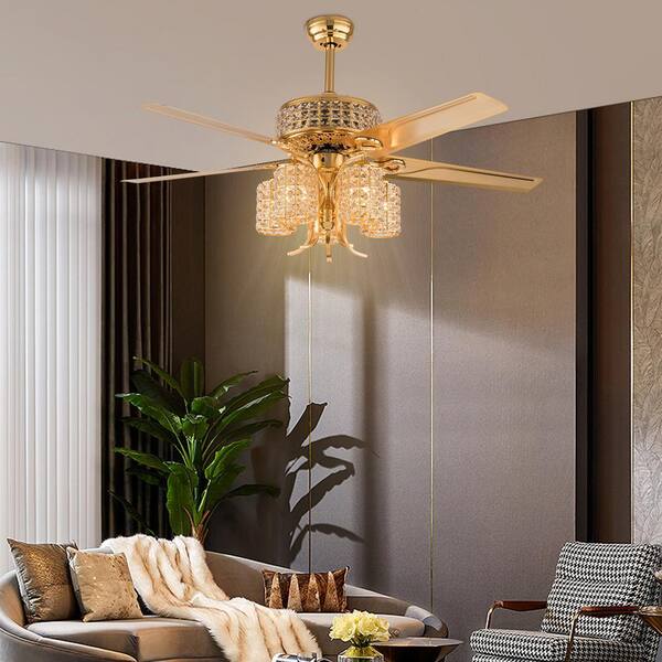 OUKANING 52 in. Indoor Gold Luxury Crystal 3-Speed Ceiling Fan