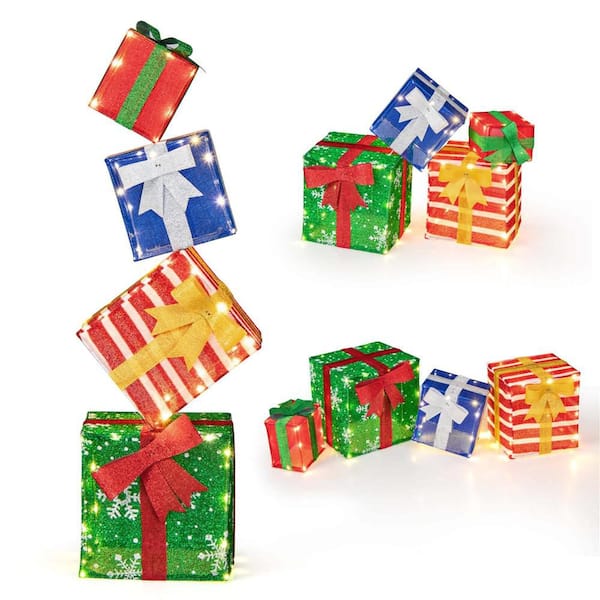 Lighted Gift Boxes Set of 4 Christmas Decoration with Warm White LED Lights & Pre-Assembled Ribbons
