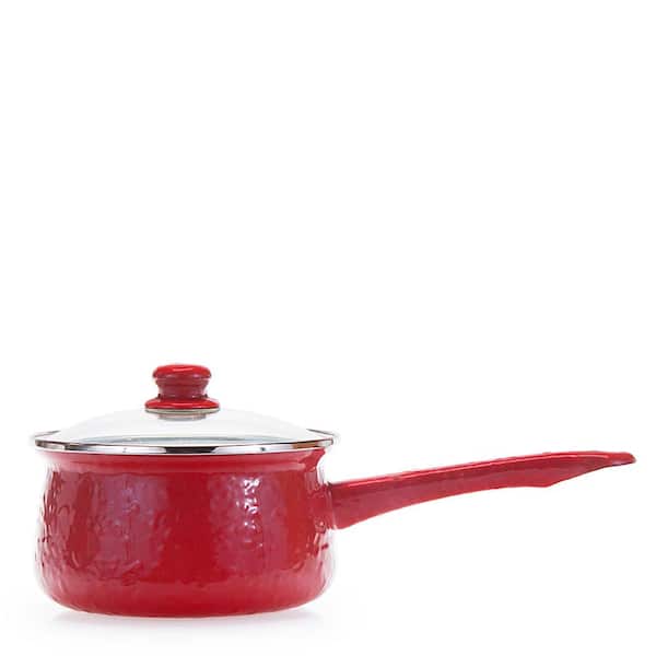 Golden Rabbit Solid Red 1.25 qt. Porcelain-Coated Steel Sauce Pan in Sea Glass with Glass Lid