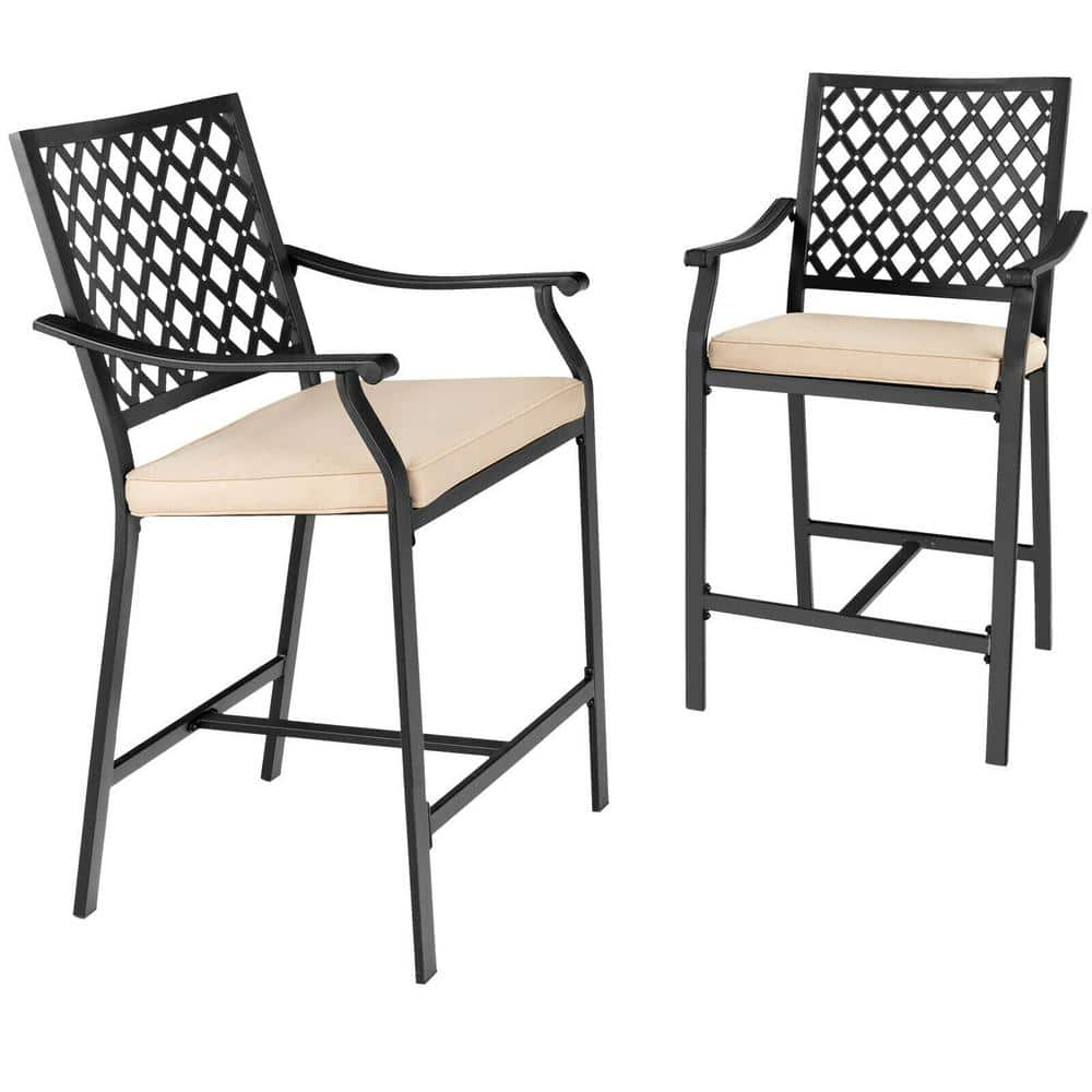 ANGELES HOME 2-Piece Metal Outdoor Bar Stools with Beige Cushions, Seat ...