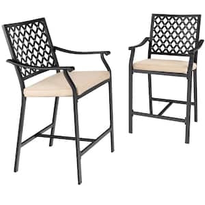 2-Piece Metal Outdoor Bar Stools with Beige Cushions, Seat Height 25 in.