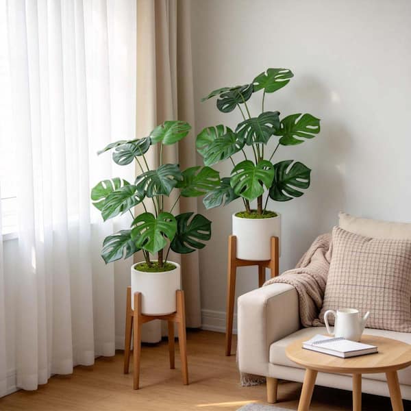 30 in. Artificial Monstera Deliciosa Plant Realistic Fake Plant Real Touch Faux Floor Plant with White Pot (2-Pack) LF12P443998