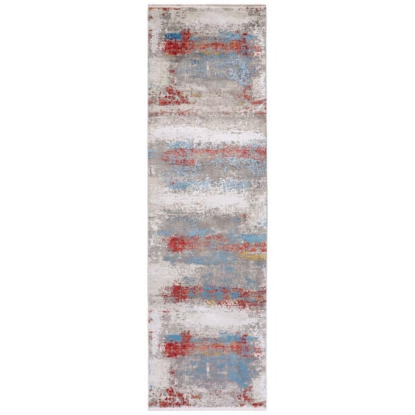 HomeRoots 3 X 10 Gray, Blue, Red Abstract Runner Rug
