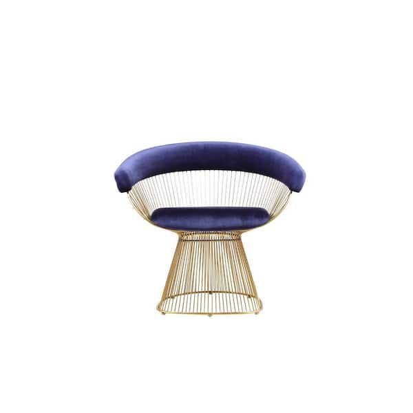 Benjara Navy Blue and Gold Velvet Armchair with Peacock Metal Base