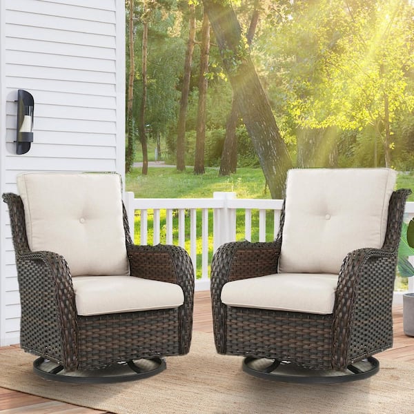 Carolina 2-Person High Back Brown Wicker Outdoor Rocking Chair Set Patio Swivel Chair Set with Beige Cushions