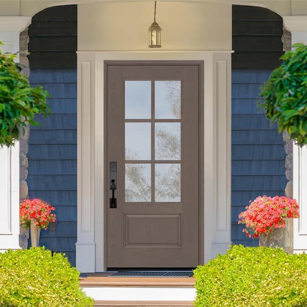 Regency 36 in. x 80 in. 3/4-6 Lite Clear Glass RHIS Ashwood Stain Mahogany Fiberglass Prehung Front Door