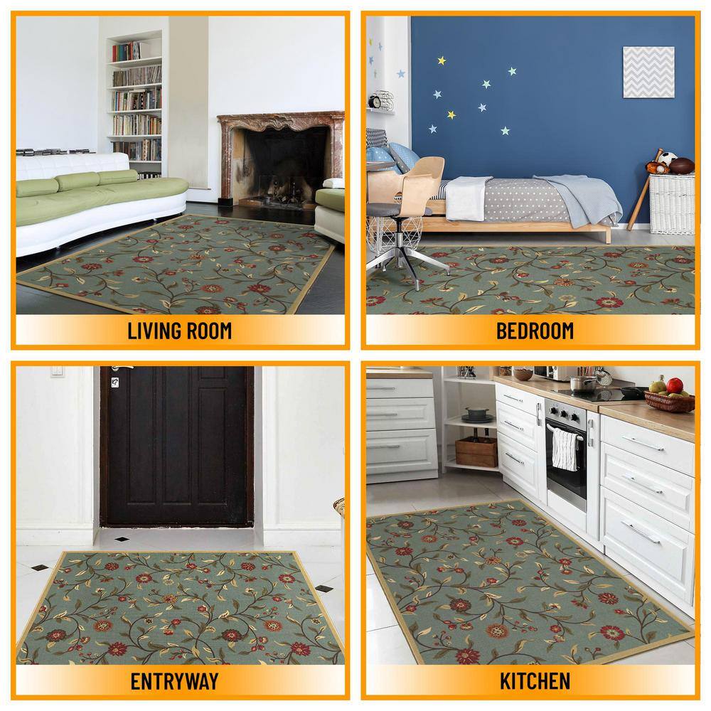 Seafoam Green Floral Non-Slip Washable Area Rug 3'3" x 5'
