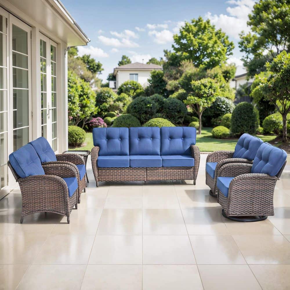 TWrap Brown 6-Piece Wicker Patio Conversation Set with Navy Blue Cushions and Swivel Rockers, Armchairs price history on PriceWatchPro
