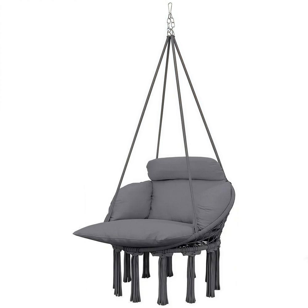 Dark Gray Hanging Hammock Swing Chair with Large Cushion,Chain, Boho Fringe for Indoor/Outdoor Use