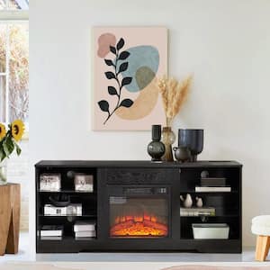 58 in. Freestanding Modern Electric Fireplace TV Stand with LED Lights in Black