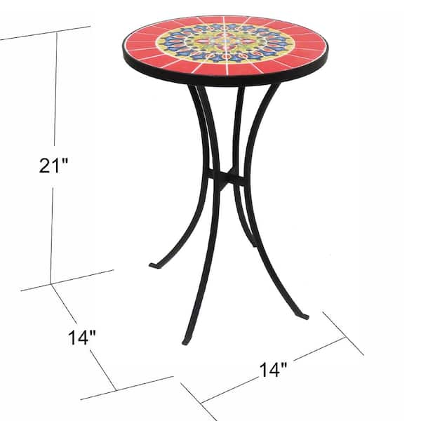 HOTEBIKE 14 in. Round Red Mosaic Outdoor Side Table with