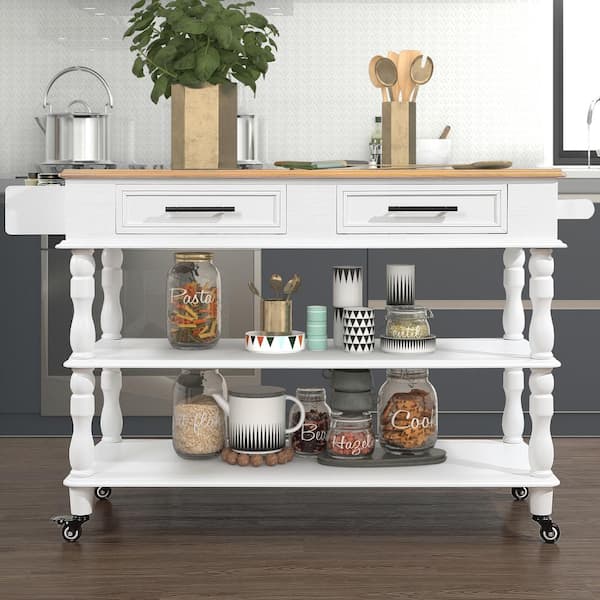 Staykiwi Milk White MDF Kitchen Cart with Solid OAK Wood Top, Wine and Spice Rack