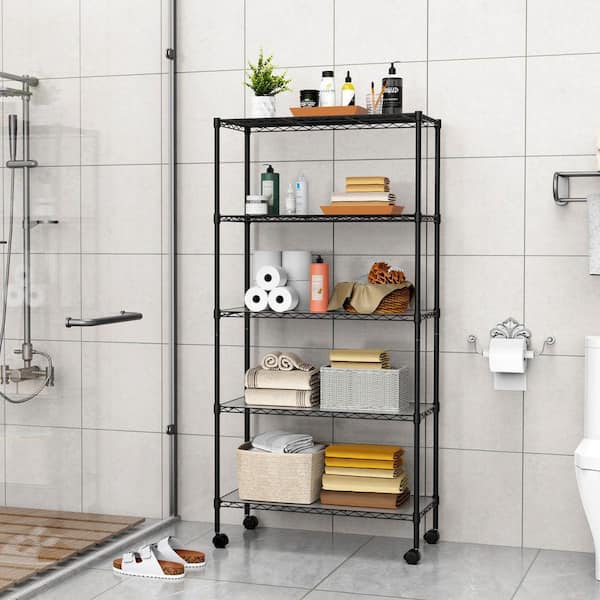5-Shelf Heavy Duty Wire Shelving Unit, Black Adjustable Steel Storage Rack with Wheels for Garage Kitchen Office