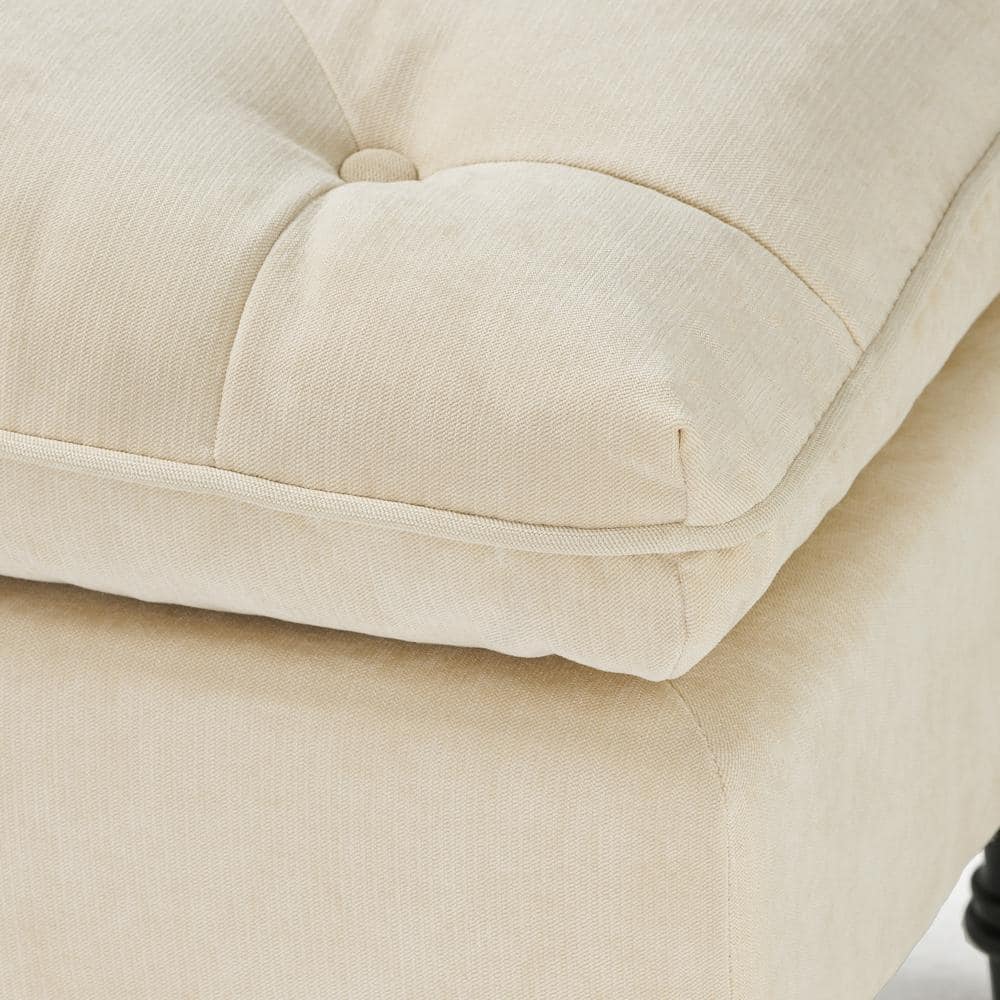 Cream Tufted Fabric and Wood Rectangular Ottoman