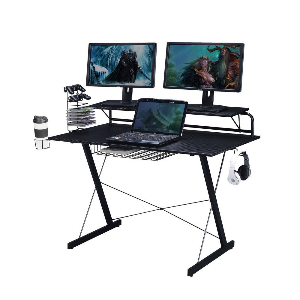 Black Carbon Fiber Gaming Desk with Drawer and Cup Holder