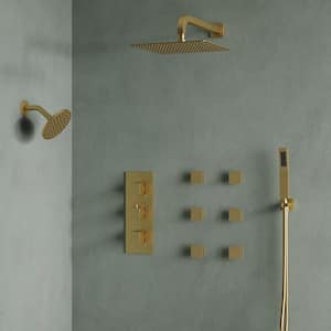 Triple Handles 2.5 GPM 8-Spray Wall Mount Handheld Shower Head with Anti Scald in Brushed Gold