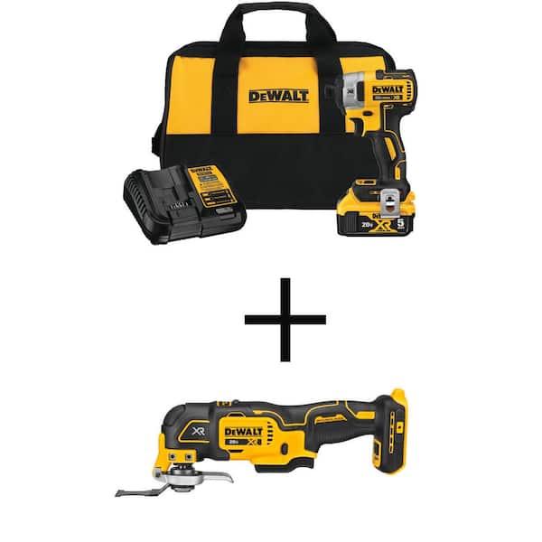 DEWALT 20V MAX XR Cordless Brushless 3-Speed 1/4 in. Impact Driver Kit, 20V Brushless Oscillating Tool, and 20V 5.0Ah Battery