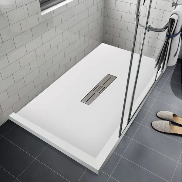 Trimslate 70.9 in. L x 35.5 in. W Corner Shower Pan Base with Center Drain and Double Threshold in White