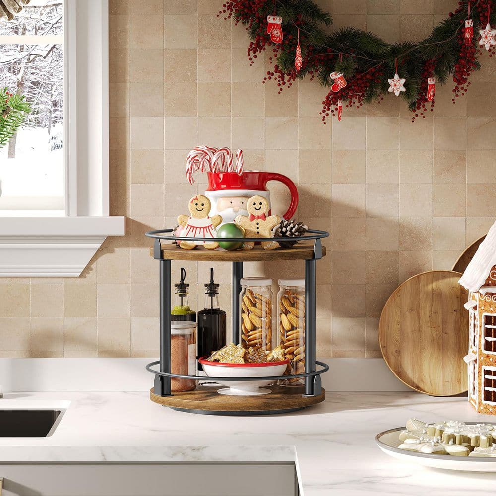 Wudkey 2-Tier Rustic Brown Countertop Rotating Susan Spice Rack ...