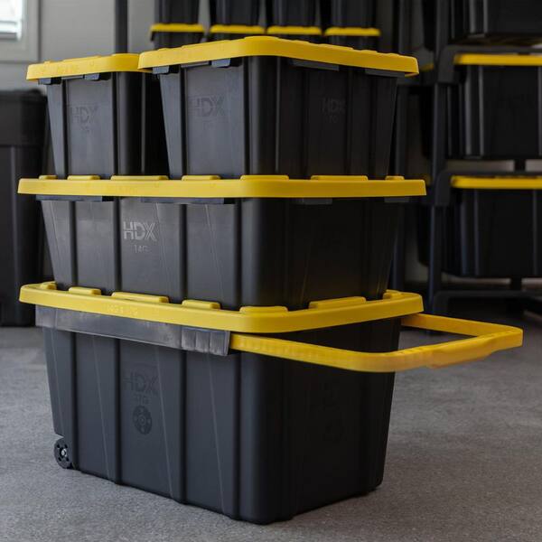 HDX 27 Gal. Tough Storage Tote with Wheels and Handle in Black and ...