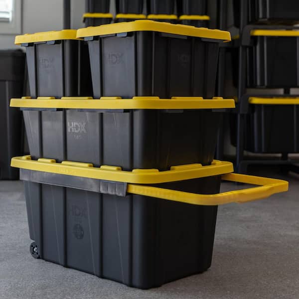 HDX 27 Gal. Tough Storage Tote with Wheels and Handle in Black and