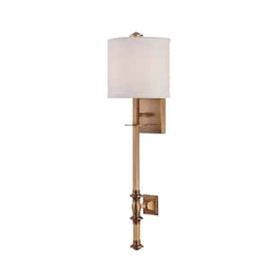 Devon 7.5 in. W x 26.5 in. H 1-Light Warm Brass Wall Sconce with White Fabric Drum Shade