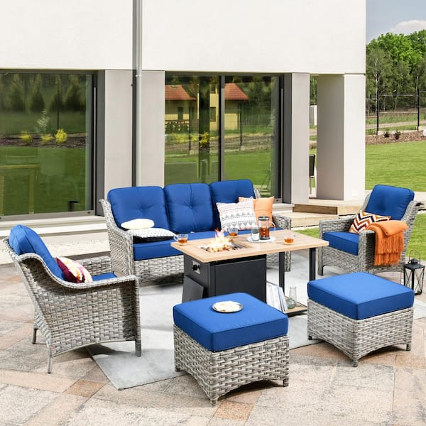 weaxty W Tulip A Gray 6-Piece Wicker Patio Storage Fire Pit Conversation Sofa Set with Navy Blue Cushions
