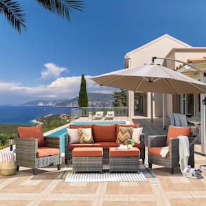 Megon Holly Gray 5-Piece Wicker Outdoor Patio Conversation Seating Sofa Set with Orange Red Cushions