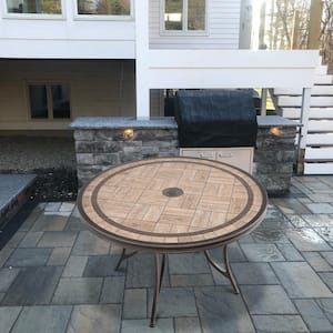 47.8 in. Patio Bronze Aluminum Outdoor Dining Round Tile-Top Table with Umbrella Hole