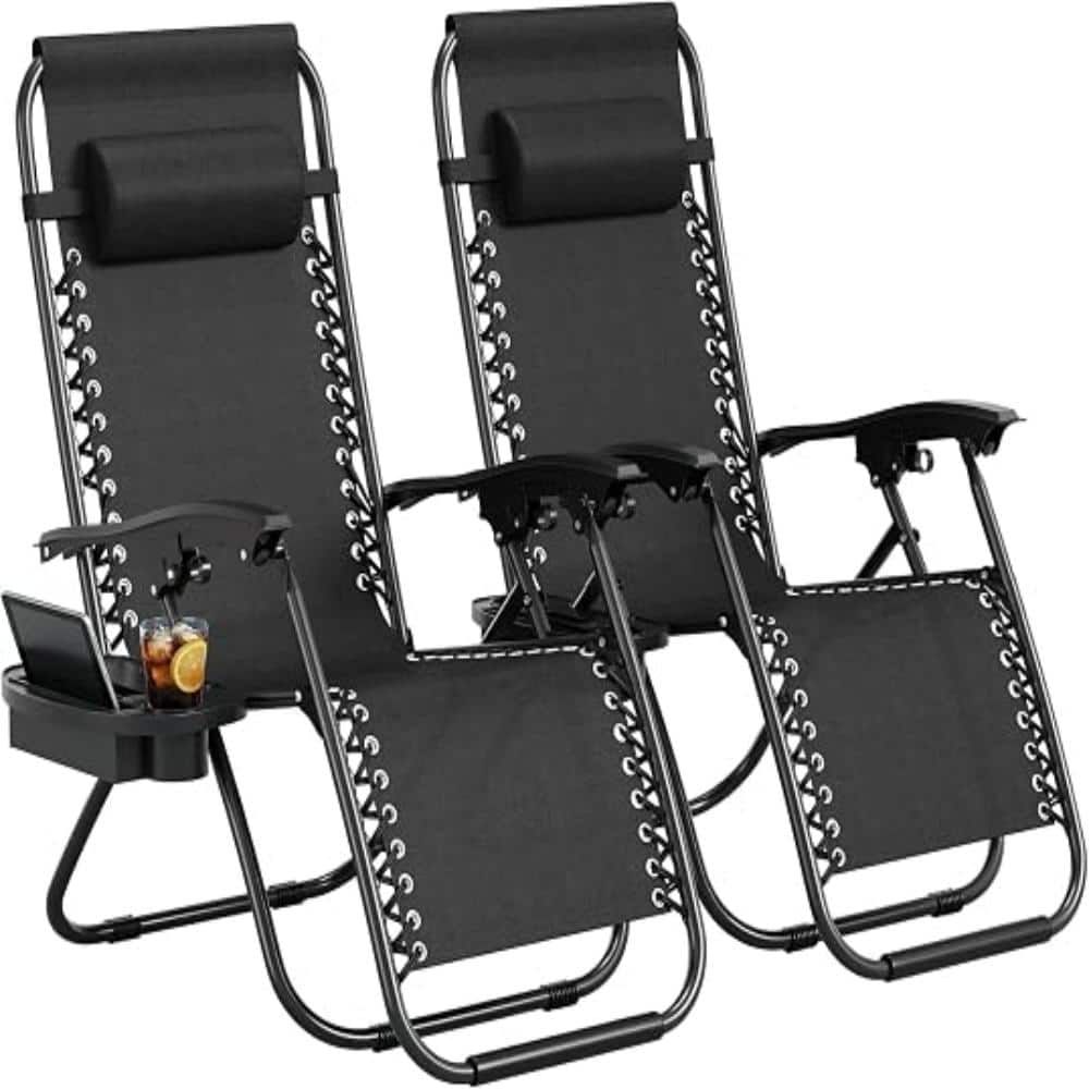 homfan Set of 2 Zero Gravity Chairs - Portable Folding Patio Recliners with Adjustable Pillow & Cup Holder Tray-Black