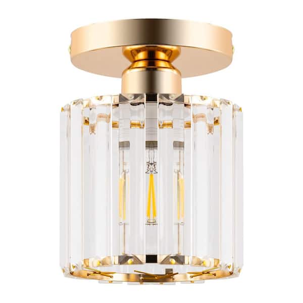 Emeritpro 4.8 in. 1-Light Modern Gold Semi-Flush Mount with Crystal Shade (1-Pack)