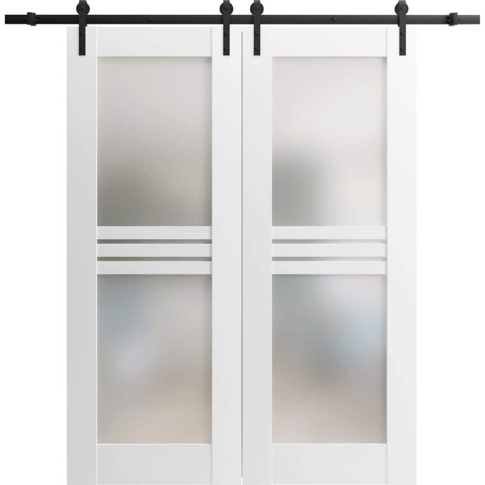 Assemble Required 28 in. x 84 in. 2-Panel Frosted Glass White Solid Wood Sliding Barn Door with Hardware Kit price history on PriceWatchPro