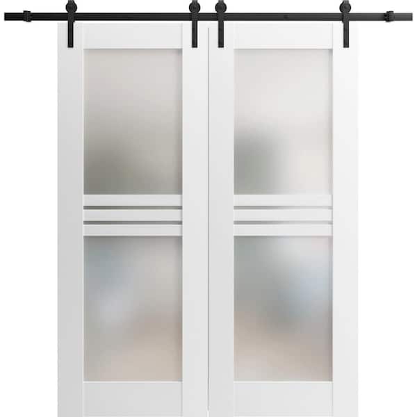 VDOMDOORS 32 in. x 84 in. 2 Panel Frosted Glass White Solid MDF Sliding Barn Door with Hardware Kit