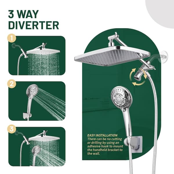 Rainfull 2-in-1 8-Spray Patterns with 1.8 GPM 12 in. Wall Mount Dual Shower Head and Handheld Shower Head in Chrome