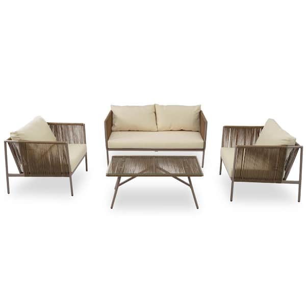 ITOPFOX 4-Piece Metal Outdoor Loveseat with Thick Cushions and Toughened Glass Table with Beige Cushions