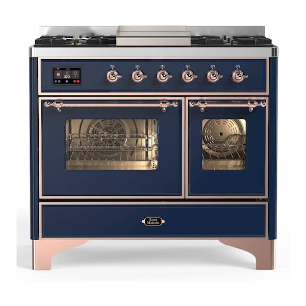 Majestic III 40 in. 6 Burners Freestanding Double Oven Dual Fuel Range in Midnight Blue with Copper Trim